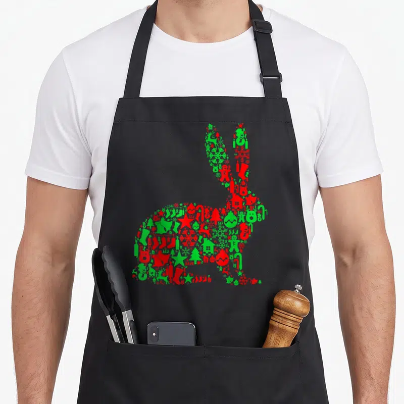 Bunny christmas tree apron - Rabbit silhouette filled with red and green Christmas icons like trees and snowflakes — shown on a black cotton canvas apron against a white background