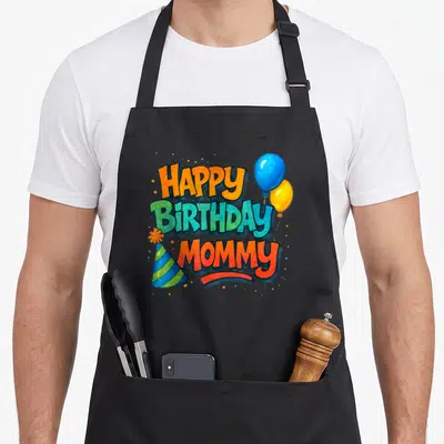 Vintage toddler birthday apron - HAPPY BIRTHDAY MOMMY text with balloons and party hat in orange green blue yellow — shown on a black cotton canvas apron against a white background