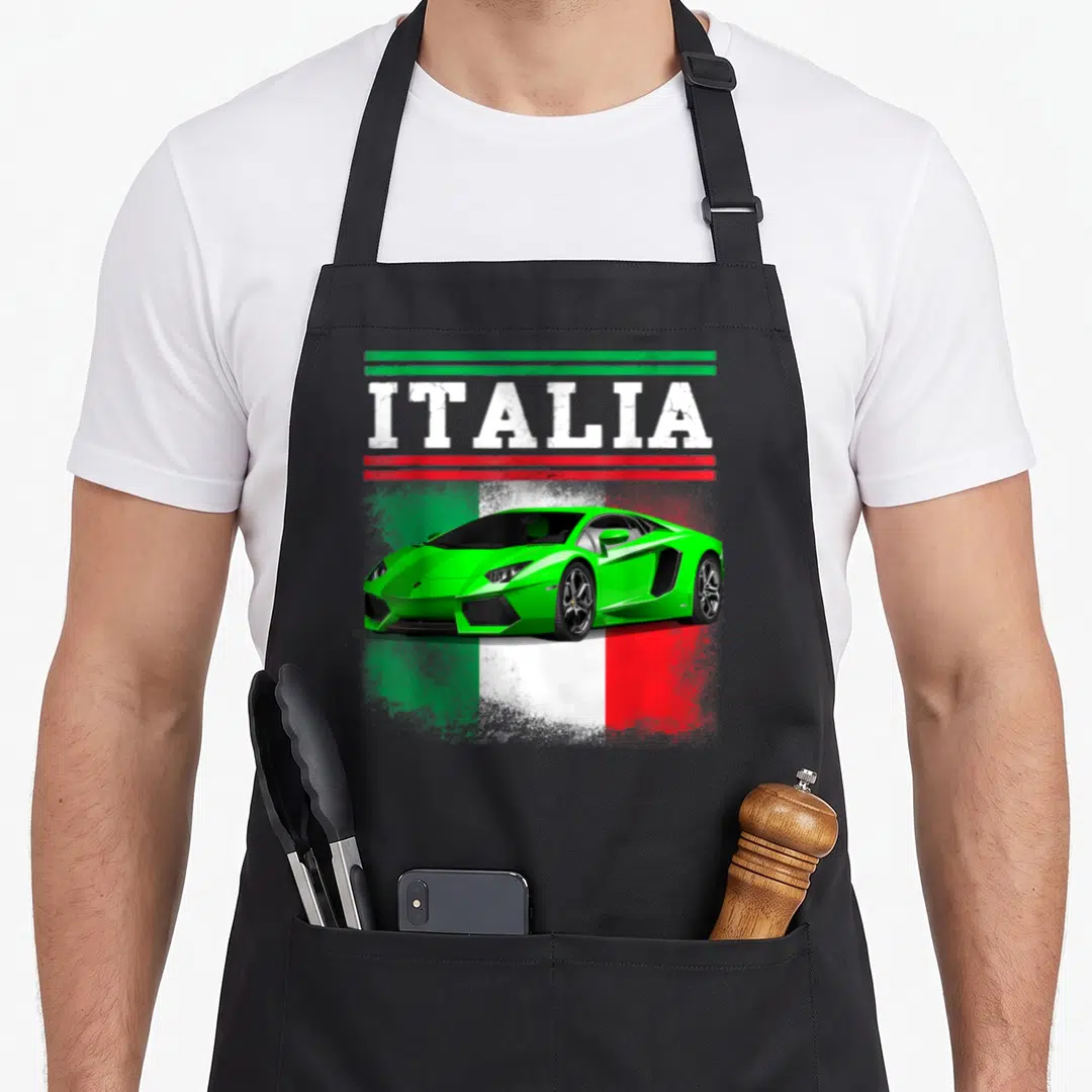 Exotic supercar italian apron - Realistic green sports car on distressed Italian flag with white ITALIA text between — shown on a black cotton canvas apron against a white background