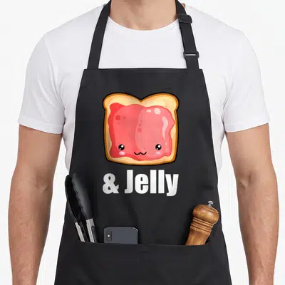 Strawberry butter apron - Cartoon toast with pink jelly face and white & Jelly text below — shown on a black cotton canvas apron against a white background