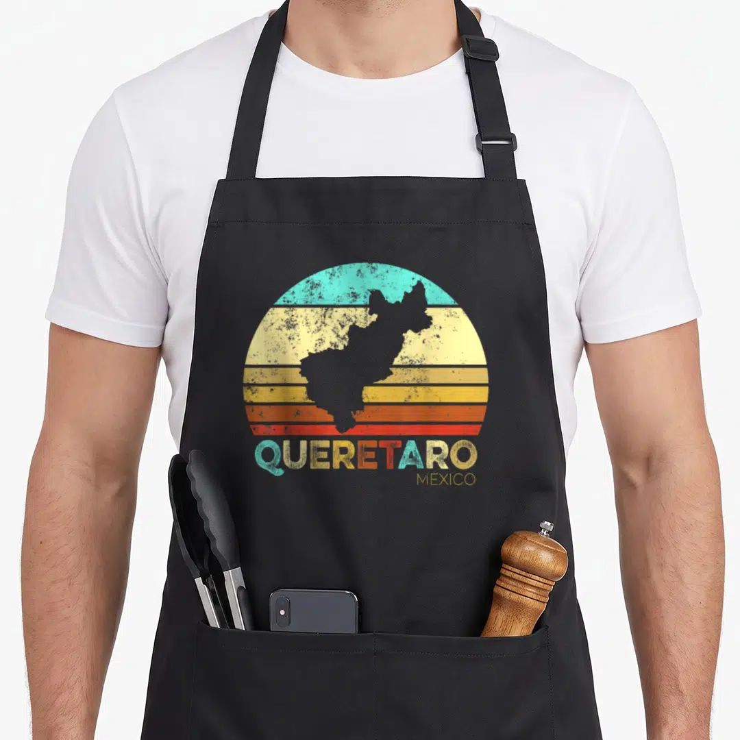 Queretaro mexico apron - Grey Queretaro map silhouette over teal yellow orange and red striped circle with text — shown on a black cotton canvas apron against a white background