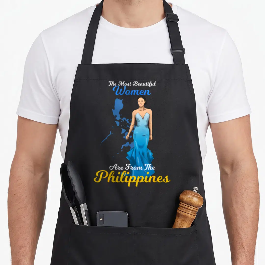 Philippine beautiful apron - Woman in blue dress stands before Philippines map with pride text — shown on a black cotton canvas apron against a white background