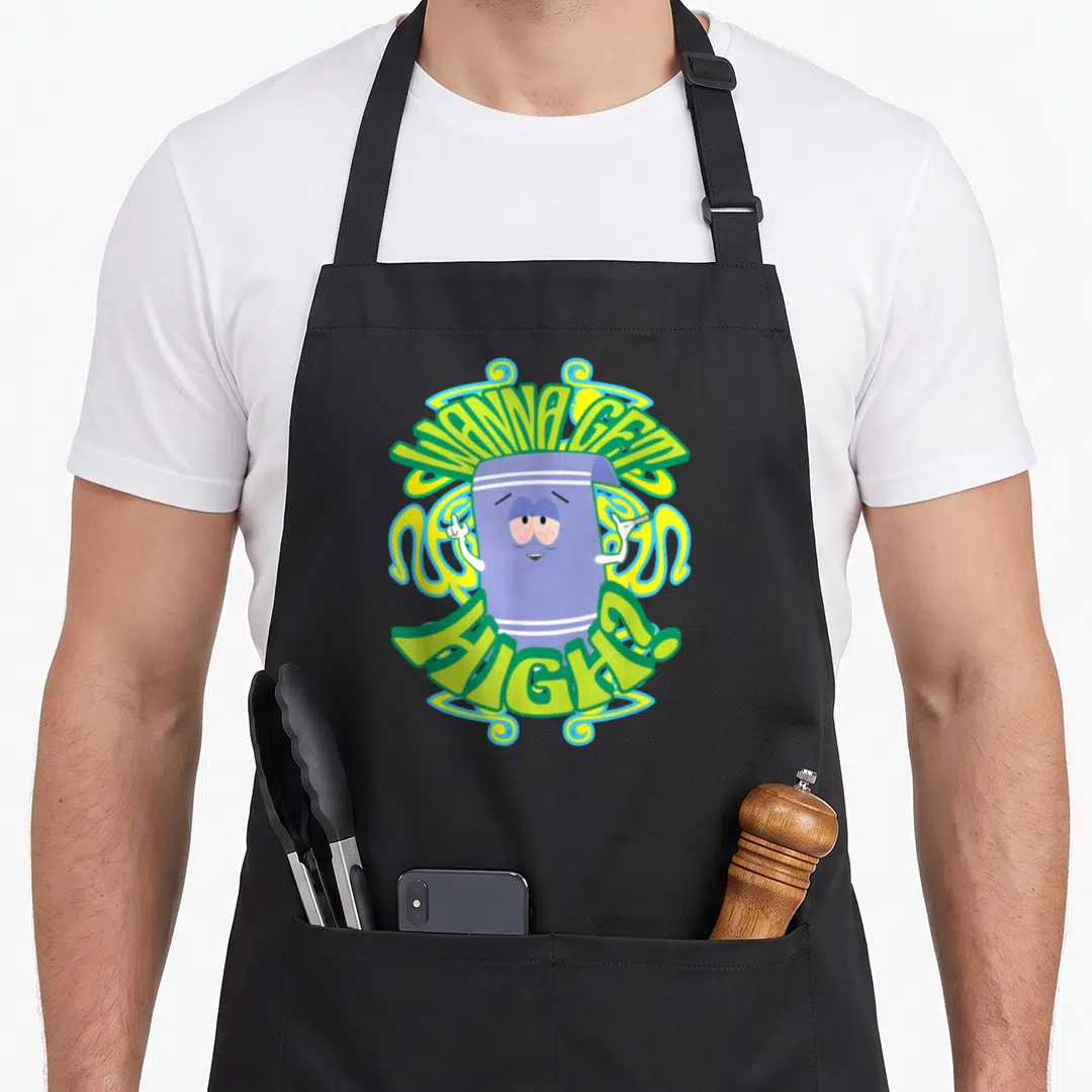 Funny south apron - Purple highlighter character with arched green WANNA GET HIGH? text and blue yellow swirls — shown on a black cotton canvas apron against a white background