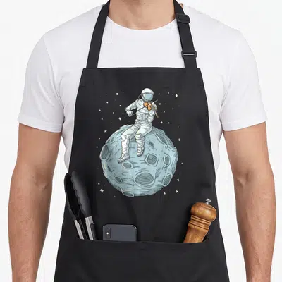 Astronaut violin apron - Cartoon astronaut playing brown violin on cratered blue moon with scattered stars — shown on a black cotton canvas apron against a white background