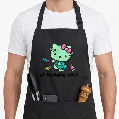 Able horror apron - Mint green zombie Hello Kitty with pink bow, three candies, and AD-HORROR-ABLE text — shown on a black cotton canvas apron against a white background