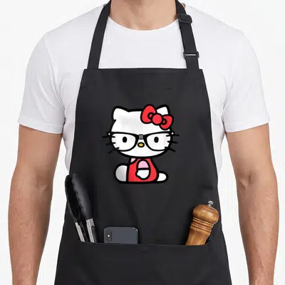 Funny glass nerd apron - Hello Kitty cartoon wearing black glasses and red bow on white background — shown on a black cotton canvas apron against a white background