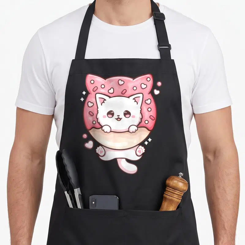 Donut kawaii cooking apron - White cartoon cat sitting inside pink frosted donut with hearts and sparkles — shown on a black cotton canvas apron against a white background