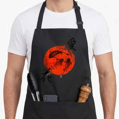 Carp japan apron - Three koi fish swimming over a red sun with black kanji characters in watercolor style — shown on a black cotton canvas apron against a white background