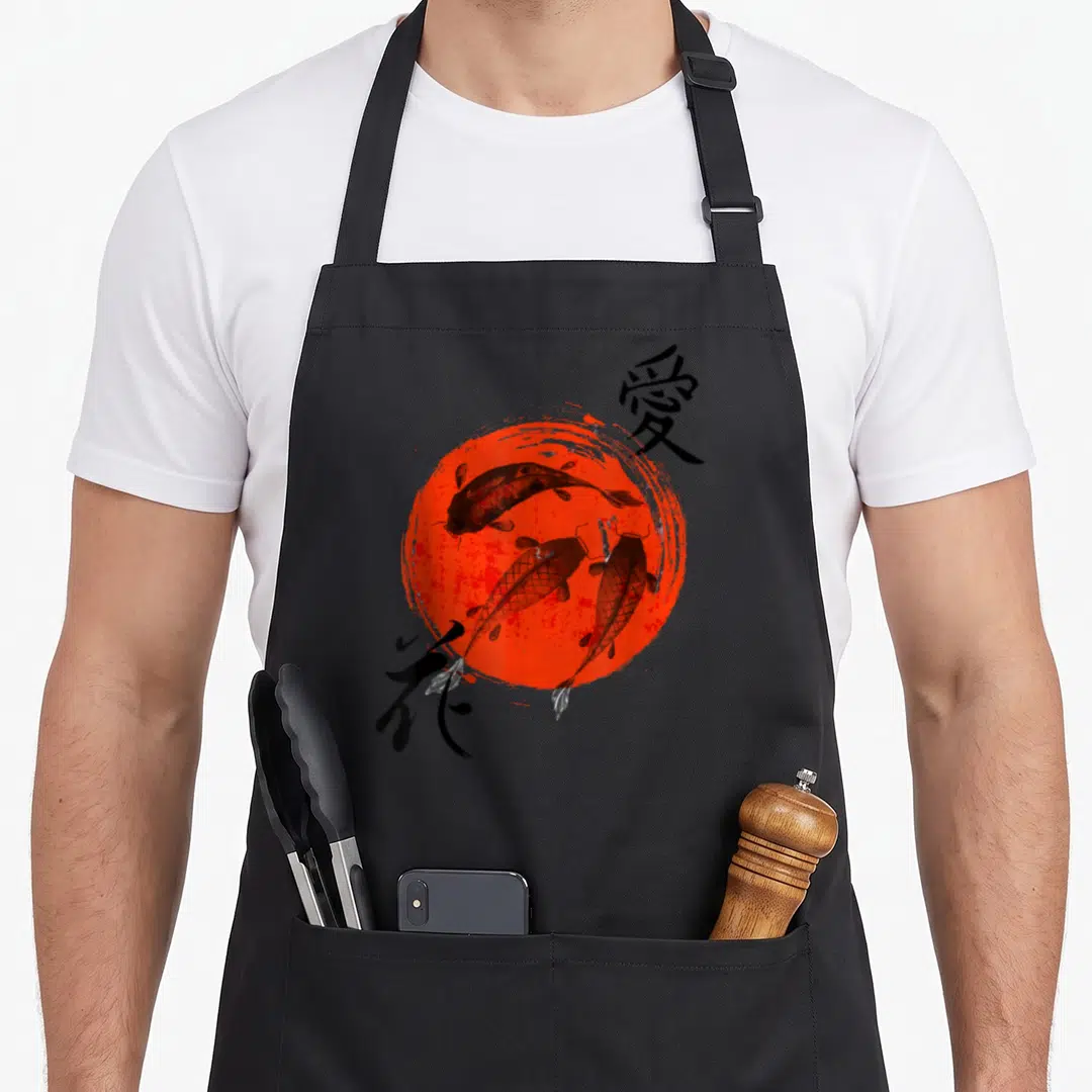 Carp japan apron - Three koi fish swimming over a red sun with black kanji characters in watercolor style — shown on a black cotton canvas apron against a white background