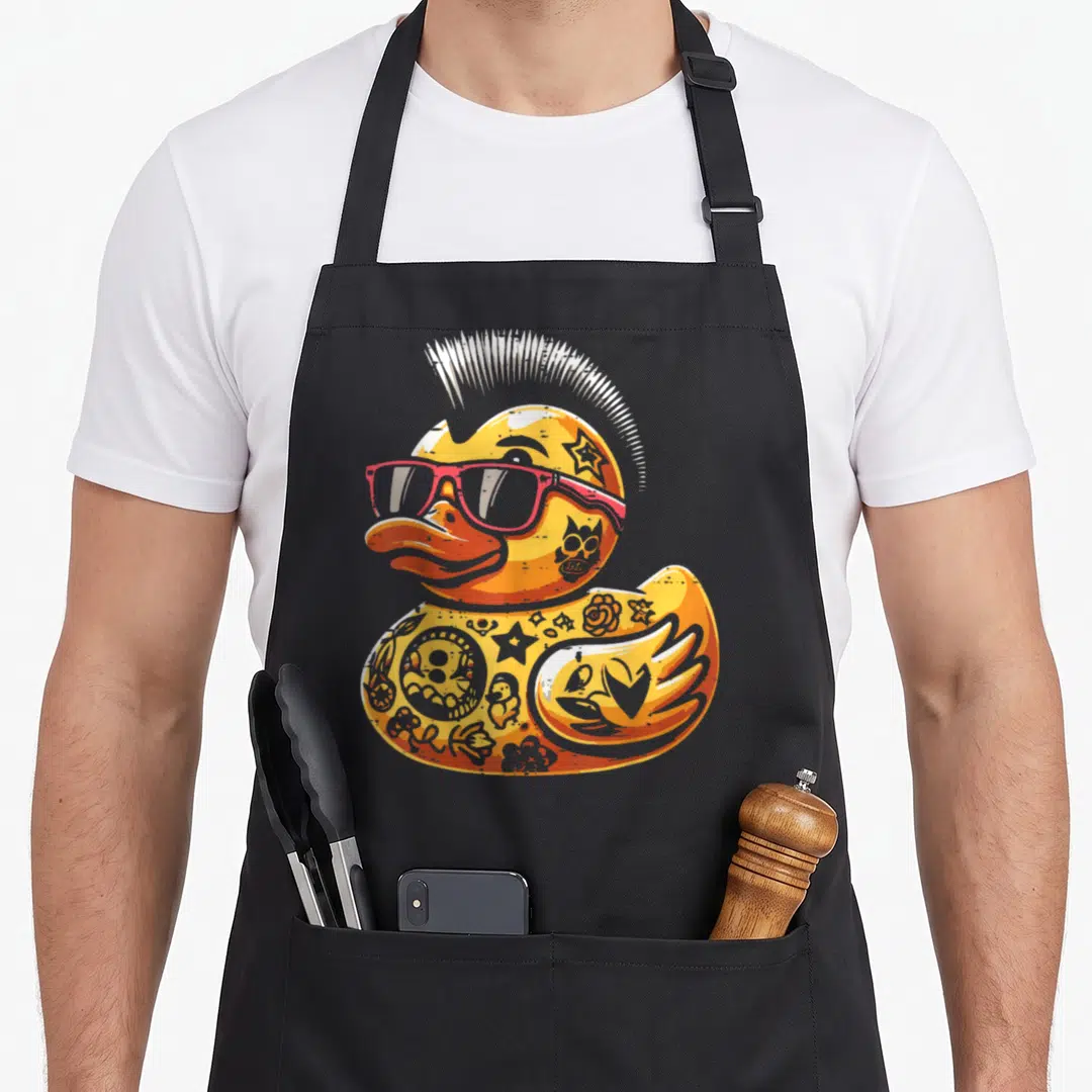 Mohawk punk rock apron - Tattooed yellow rubber duck with red sunglasses and white mohawk — shown on a black cotton canvas apron against a white background