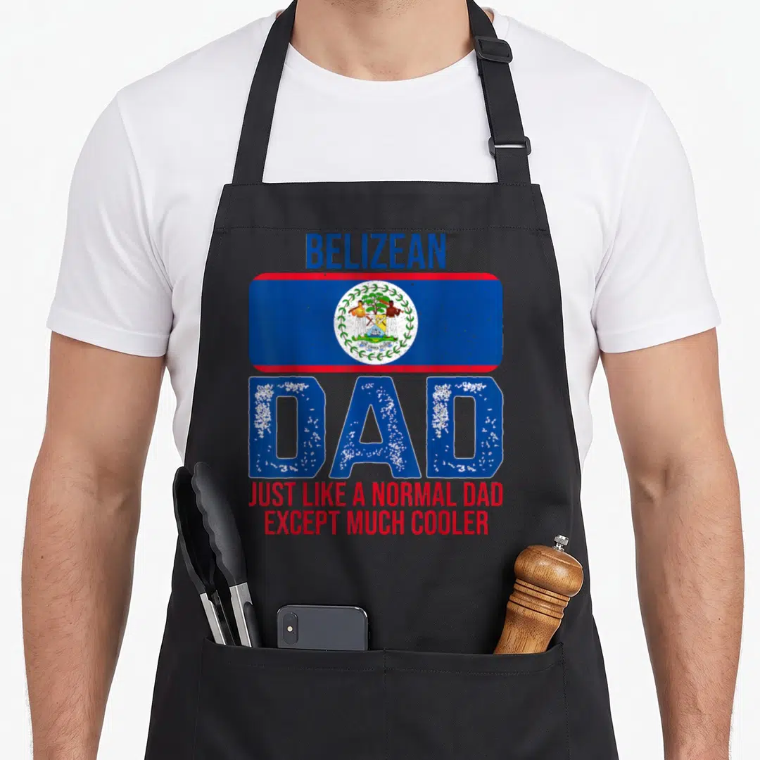 Belizean father day apron - Distressed Belize flag graphic with blue and red text reading Belizean Dad Just Like — shown on a black cotton canvas apron against a white background