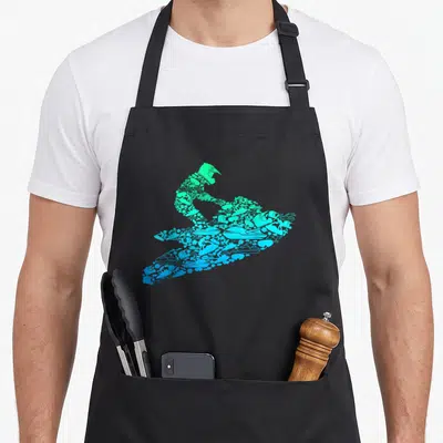 Ski jet girl apron - Composite silhouette of a jet ski rider made of smaller icons in green, blue, and cyan gradients — shown on a black cotton canvas apron against a white background