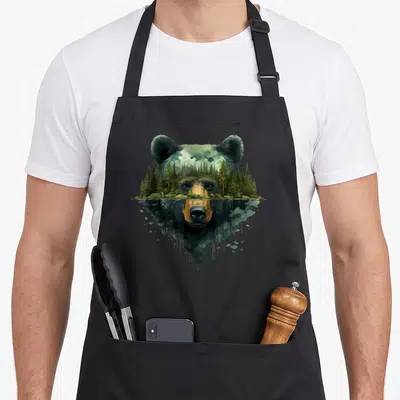Artwork bear apron - Realistic bear head containing a green forest landscape and water reflection in brown, blue — shown on a black cotton canvas apron against a white background