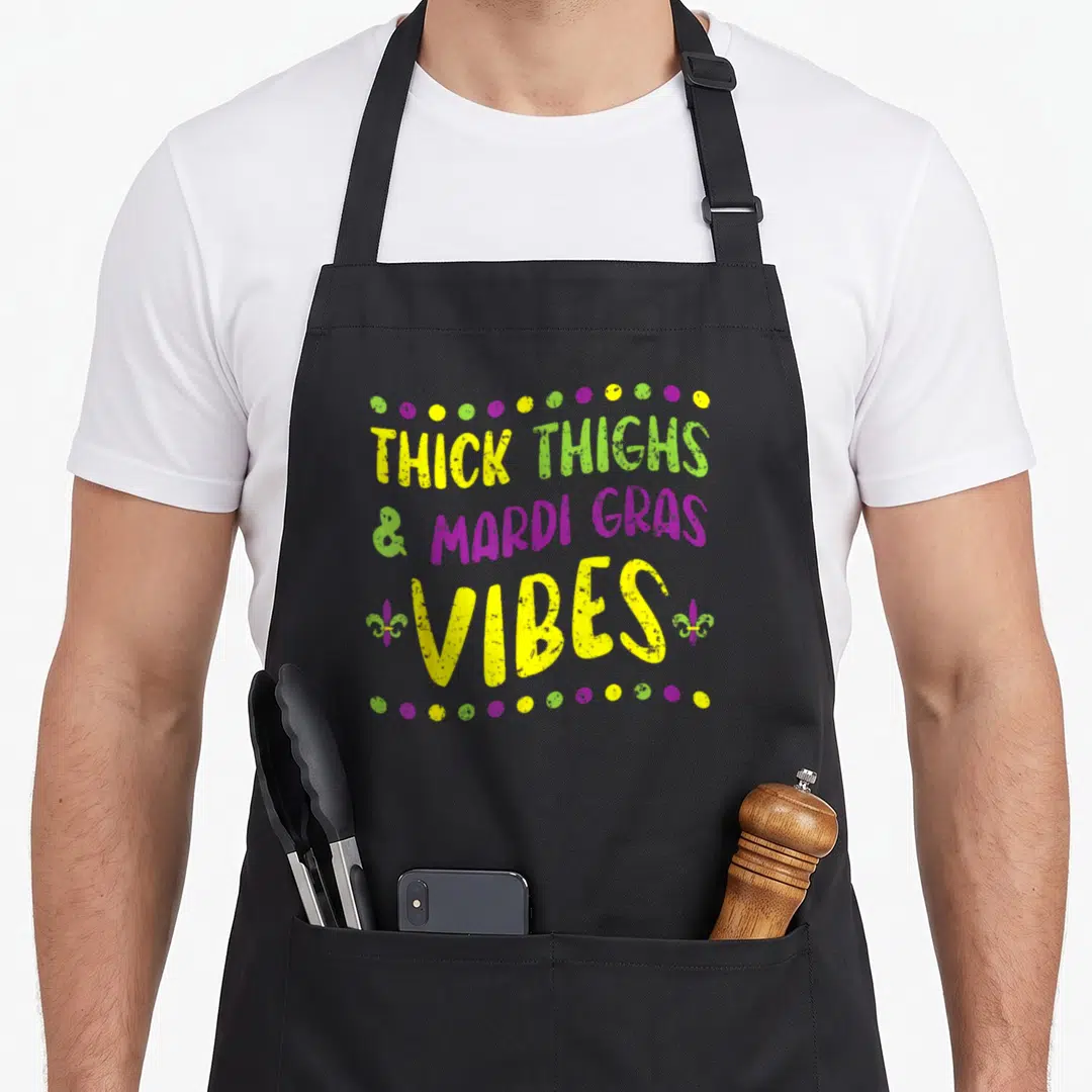 Thigh new orleans apron - Stacked text Thick Thighs Mardi Gras Vibes in yellow purple green with dots and fleur-de-lis — shown on a black cotton canvas apron against a white background