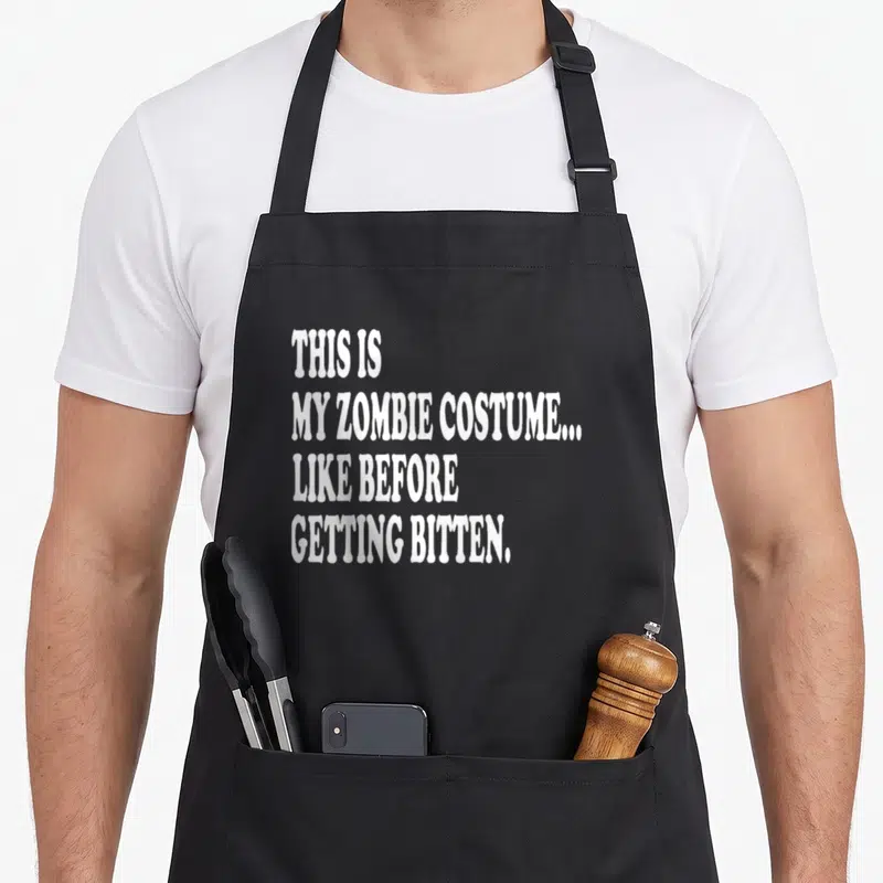 Zombie funny halloween aprons - White stacked text reading THIS IS MY ZOMBIE COSTUME LIKE BEFORE GETTING BITTEN — shown on a black cotton canvas apron against a white background