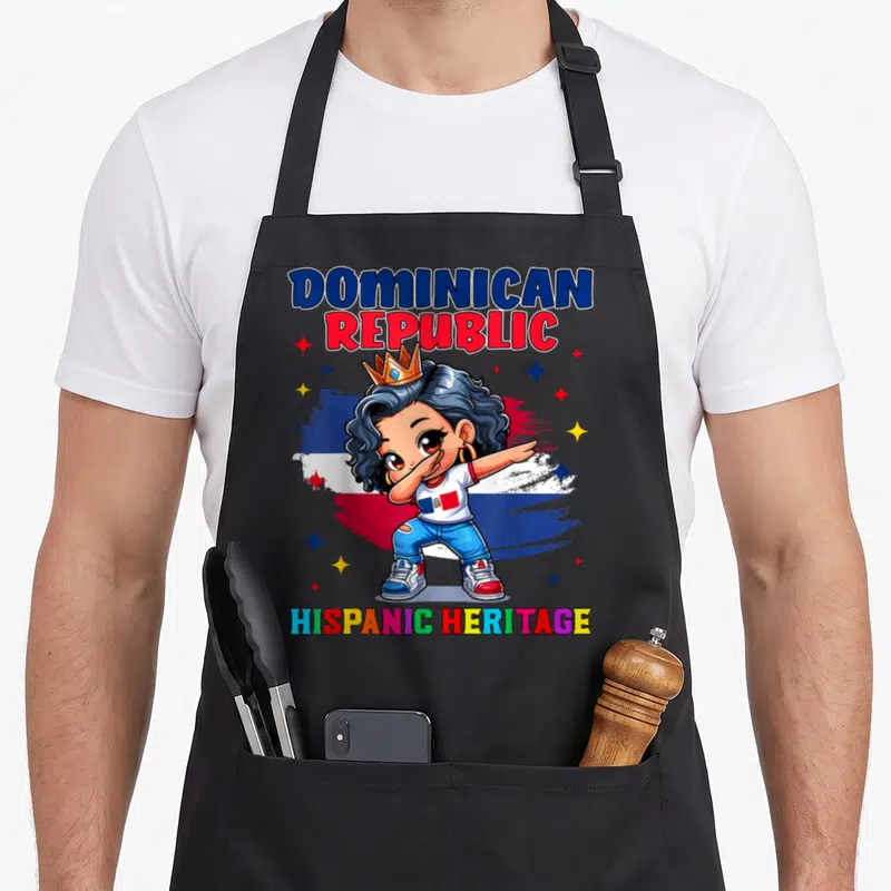 Dominican republic hispanic aprons - Cartoon girl dabbing in front of Dominican flag with text DOMINICAN REPUBLIC — shown on a black cotton canvas apron against a white background