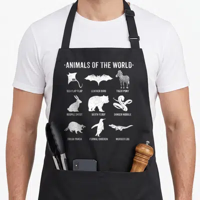 Simple animal apron - White silhouettes of animals with sarcastic text labels like Tiger Pony and Formal Chicken — shown on a black cotton canvas apron against a white background