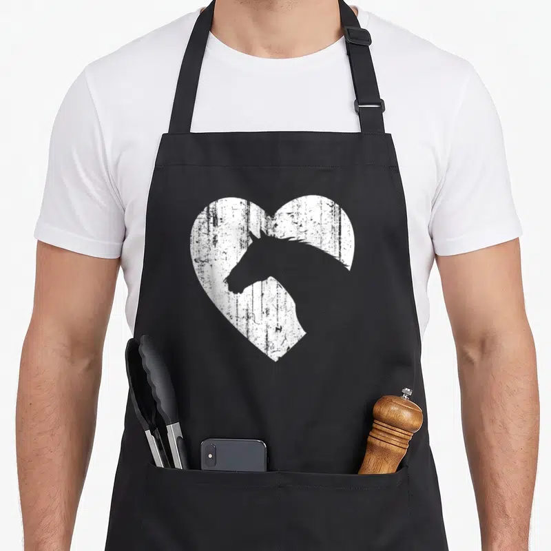Silhouette horse apron - Grey horse silhouette inside distressed white heart shape on black fabric — shown on a black cotton canvas apron against a white background