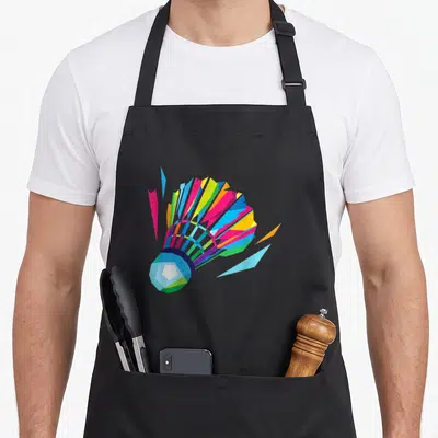 Shuttlecock badminton addict apron - Multicolored geometric cartoon shuttlecock with blue pink yellow and green shards — shown on a black cotton canvas apron against a white background