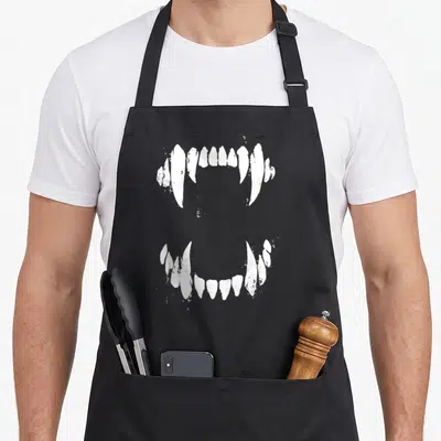Horror cheap halloween aprons - Two sets of white vampire fangs stacked vertically with distressed texture — shown on a black cotton canvas apron against a white background