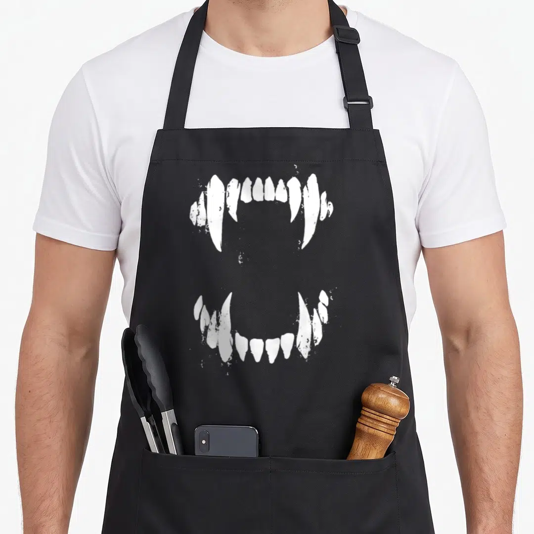 Horror cheap halloween aprons - Two sets of white vampire fangs stacked vertically with distressed texture — shown on a black cotton canvas apron against a white background
