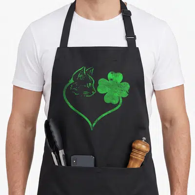 Silhouette pet apron - Green line art of cat head and four-leaf clover merging into a heart shape — shown on a black cotton canvas apron against a white background