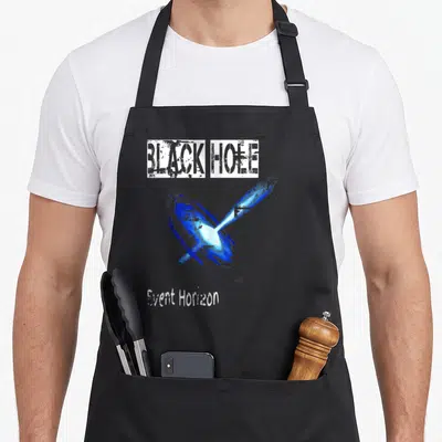 Event black hole apron - Blue black hole with jet and white text reading BLACK HOLE and Event Horizon — shown on a black cotton canvas apron against a white background