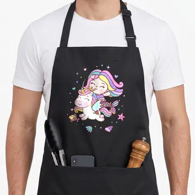 Kiss birthday apron - Mermaid girl hugging unicorn with hearts stars fish shell pink purple yellow blue cartoon — shown on a black cotton canvas apron against a white background