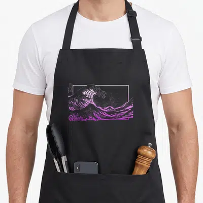 Cute kanagawa wave apron - Purple line-art wave with mountain and vertical text on left side — shown on a black cotton canvas apron against a white background