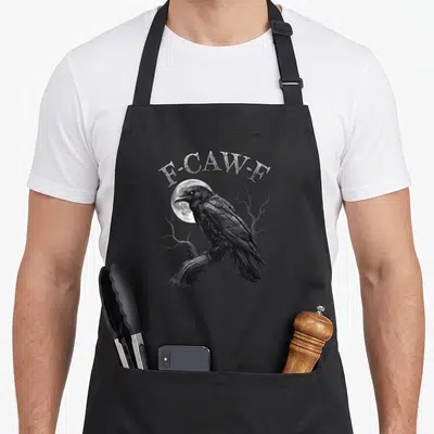 Caw crow halloween apron - F-CAW-F text arched over a realistic black crow perched on a branch in front of a white full — shown on a black cotton canvas apron against a white background
