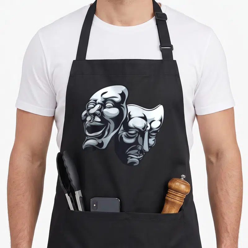 Mask theater apron - Two overlapping cartoon drama masks in white grey and black — shown on a black cotton canvas apron against a white background