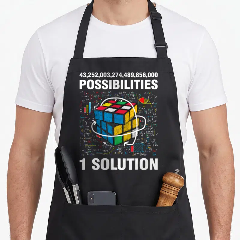 Cubing speed girl apron - Rubik's cube with math formulas and text 43,252,003,274,489,856,000 POSSIBILITIES 1 SOLUTION — shown on a black cotton canvas apron against a white background