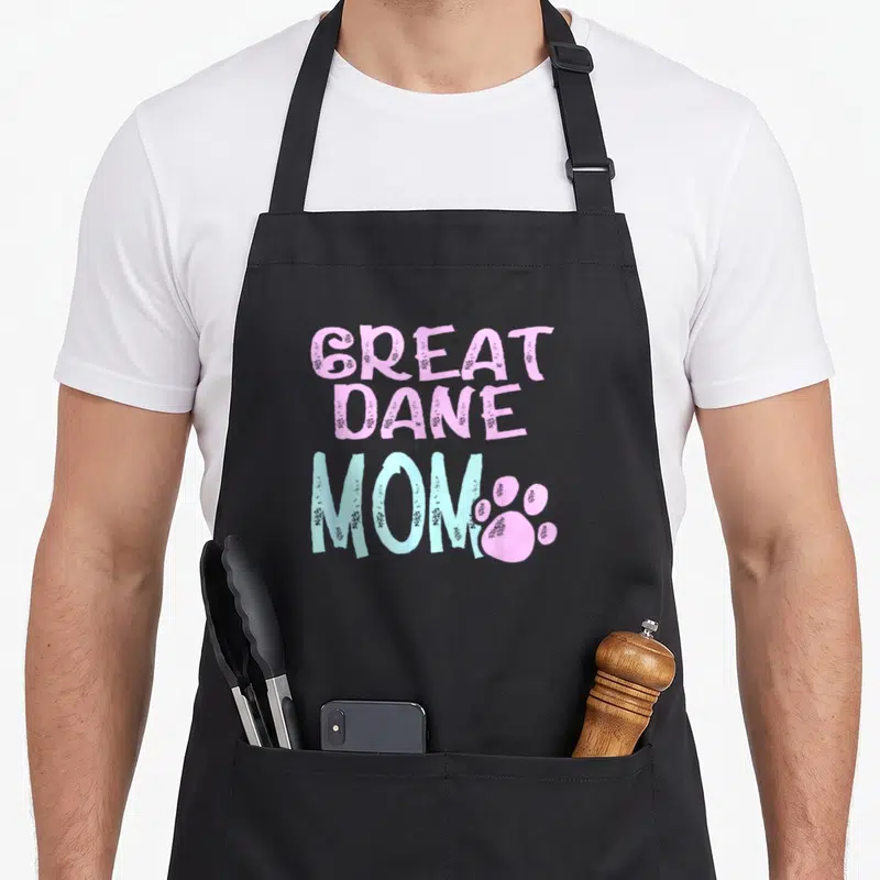 Dane mama dog apron - Stacked pink and blue text reading GREAT DANE MOM with a pink paw print beside the last word — shown on a black cotton canvas apron against a white background