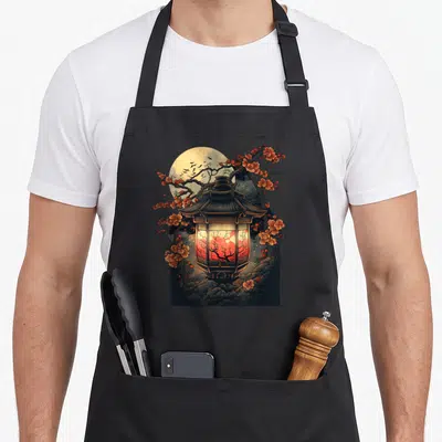 Pagoda japan apron - Lantern surrounded by orange cherry blossoms and birds under a pale yellow moon — shown on a black cotton canvas apron against a white background