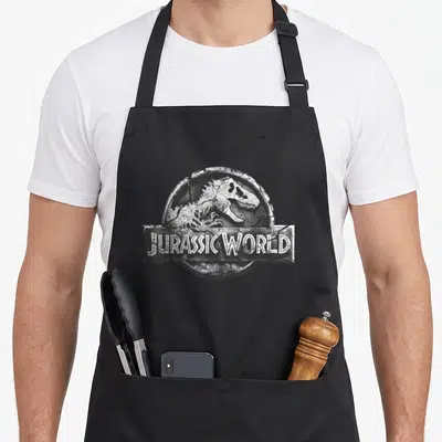 Jurassic stone apron - Distressed white dinosaur skeleton inside cracked stone circle with JURASSIC WORLD text bar — shown on a black cotton canvas apron against a white background