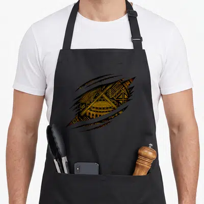 Ripped samoa apron - Gold tribal pattern visible through five black claw-mark rips on dark background — shown on a black cotton canvas apron against a white background