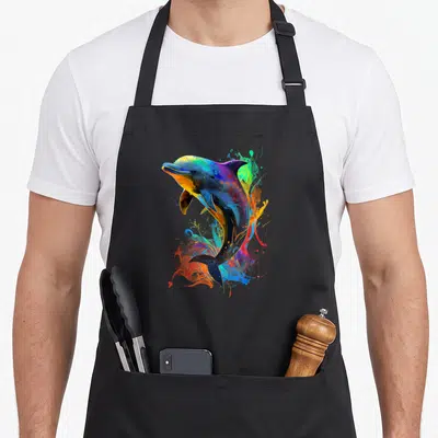Dolphin colorful aprons - Leaping dolphin in blue, orange, yellow, purple, and green watercolor splashes — shown on a black cotton canvas apron against a white background