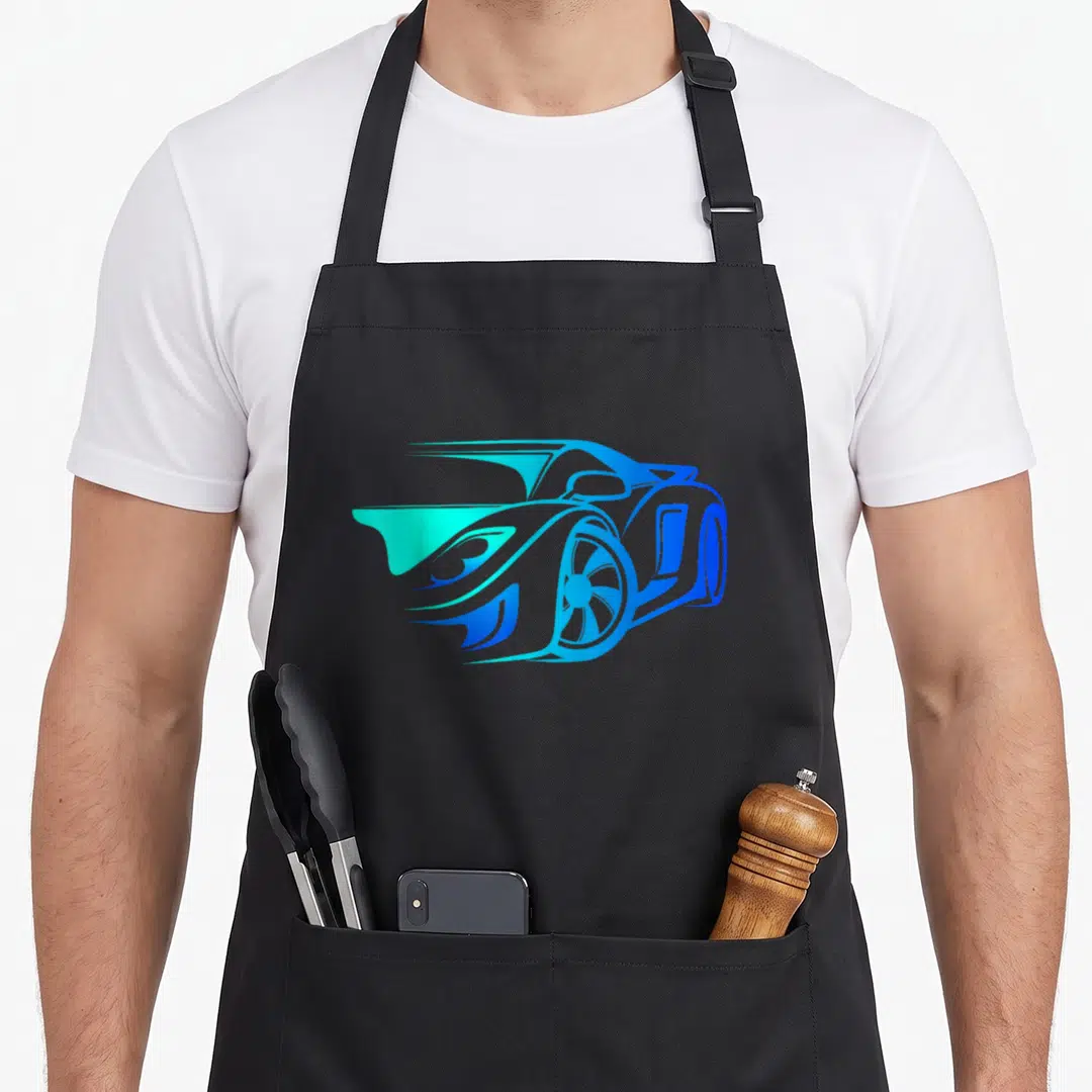 Exotic car apron - Stylized blue and cyan gradient sports car outline on black fabric — shown on a black cotton canvas apron against a white background