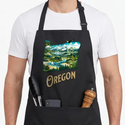 Oregon eagles apron - Retro Oregon state map silhouette with landscape scene and tan OREGON text — shown on a black cotton canvas apron against a white background