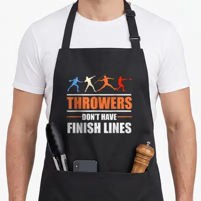 Finish throwers apron - Four colored athlete silhouettes above distressed orange and white text reading THROWERS DON'T — shown on a black cotton canvas apron against a white background