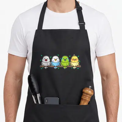 Owner parakeet lover apron - Four cartoon budgies in white blue green yellow brown perched on brown branch with green — shown on a black cotton canvas apron against a white background