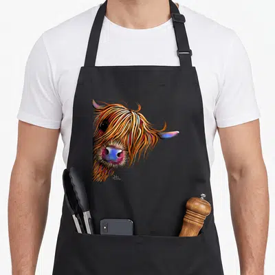Sugar highland cow apron - Colorful realistic painting of a highland cow head with orange, blue, purple, and brown fur — shown on a black cotton canvas apron against a white background