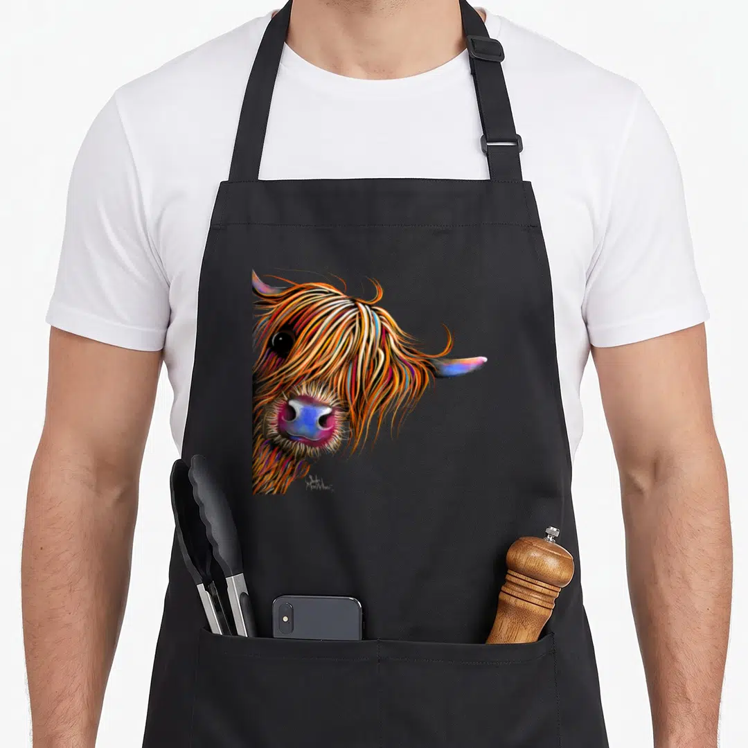 Sugar highland cow apron - Colorful realistic painting of a highland cow head with orange, blue, purple, and brown fur — shown on a black cotton canvas apron against a white background