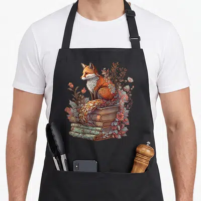 Whimsical floral apron - Realistic fox sitting on three stacked books surrounded by pink flowers and green leaves — shown on a black cotton canvas apron against a white background