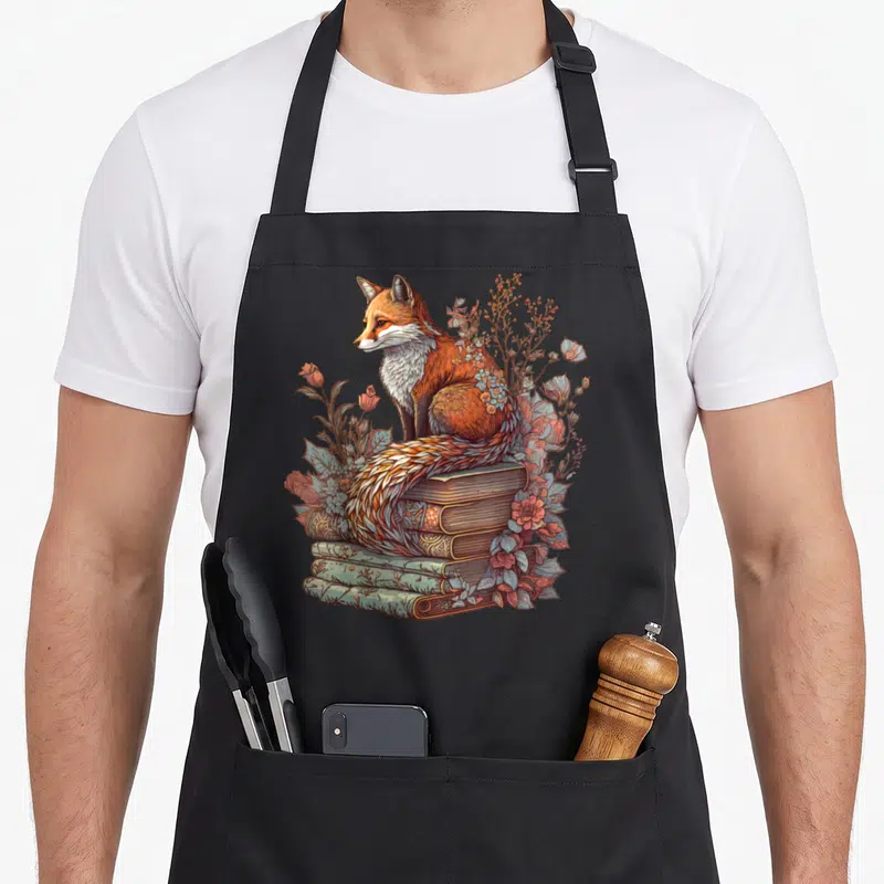 Whimsical floral apron - Realistic fox sitting on three stacked books surrounded by pink flowers and green leaves — shown on a black cotton canvas apron against a white background