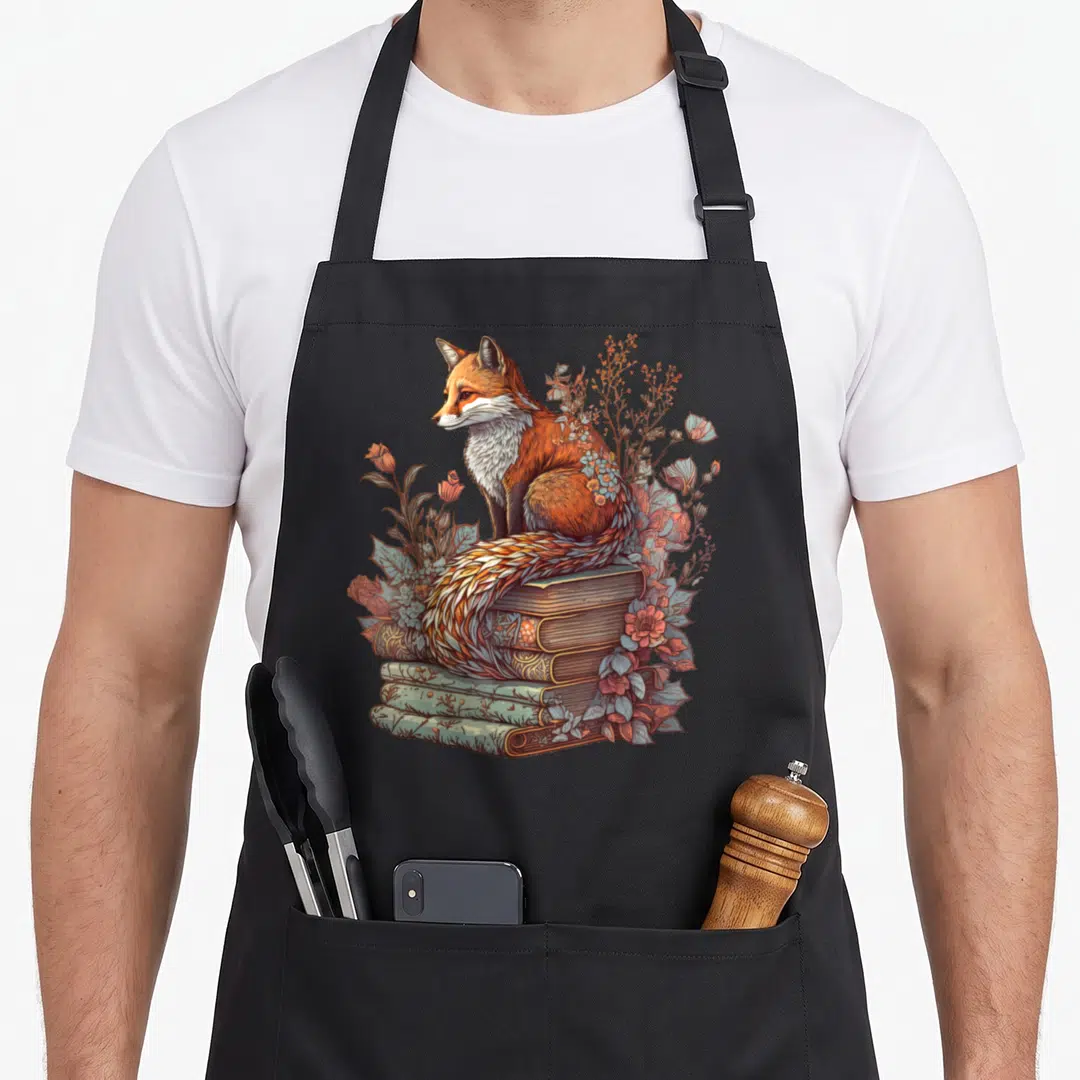 Whimsical floral apron - Realistic fox sitting on three stacked books surrounded by pink flowers and green leaves — shown on a black cotton canvas apron against a white background