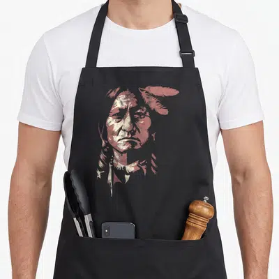 Sitting bull native american apron - Minimalist reddish-brown and cream portrait of a man with feathers in hair — shown on a black cotton canvas apron against a white background