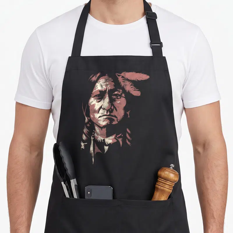 Sitting bull native american apron - Minimalist reddish-brown and cream portrait of a man with feathers in hair — shown on a black cotton canvas apron against a white background