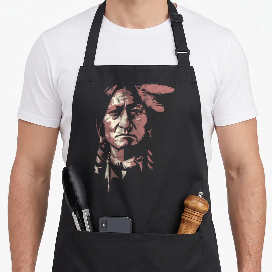 Sitting bull native american apron - Minimalist reddish-brown and cream portrait of a man with feathers in hair — shown on a black cotton canvas apron against a white background