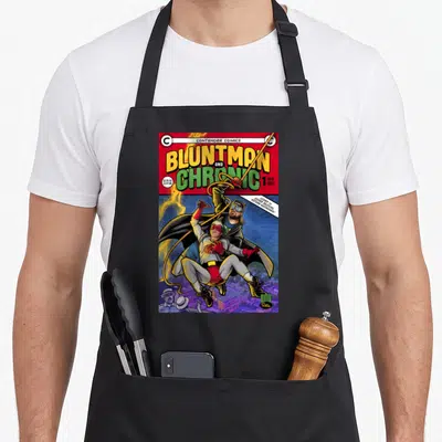 Bluntman jay silent bob apron - Bluntman and Chronic comic cover art with superheroes holding rope over city skyline — shown on a black cotton canvas apron against a white background